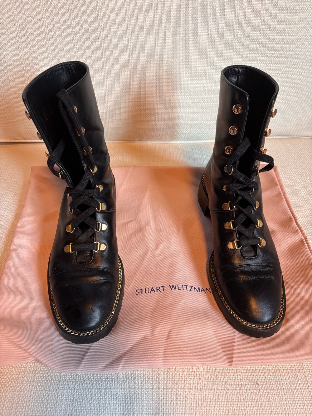 Stuart Weitzman Laine Black Leather Combat Boots Size 7.5 Gold Hardware